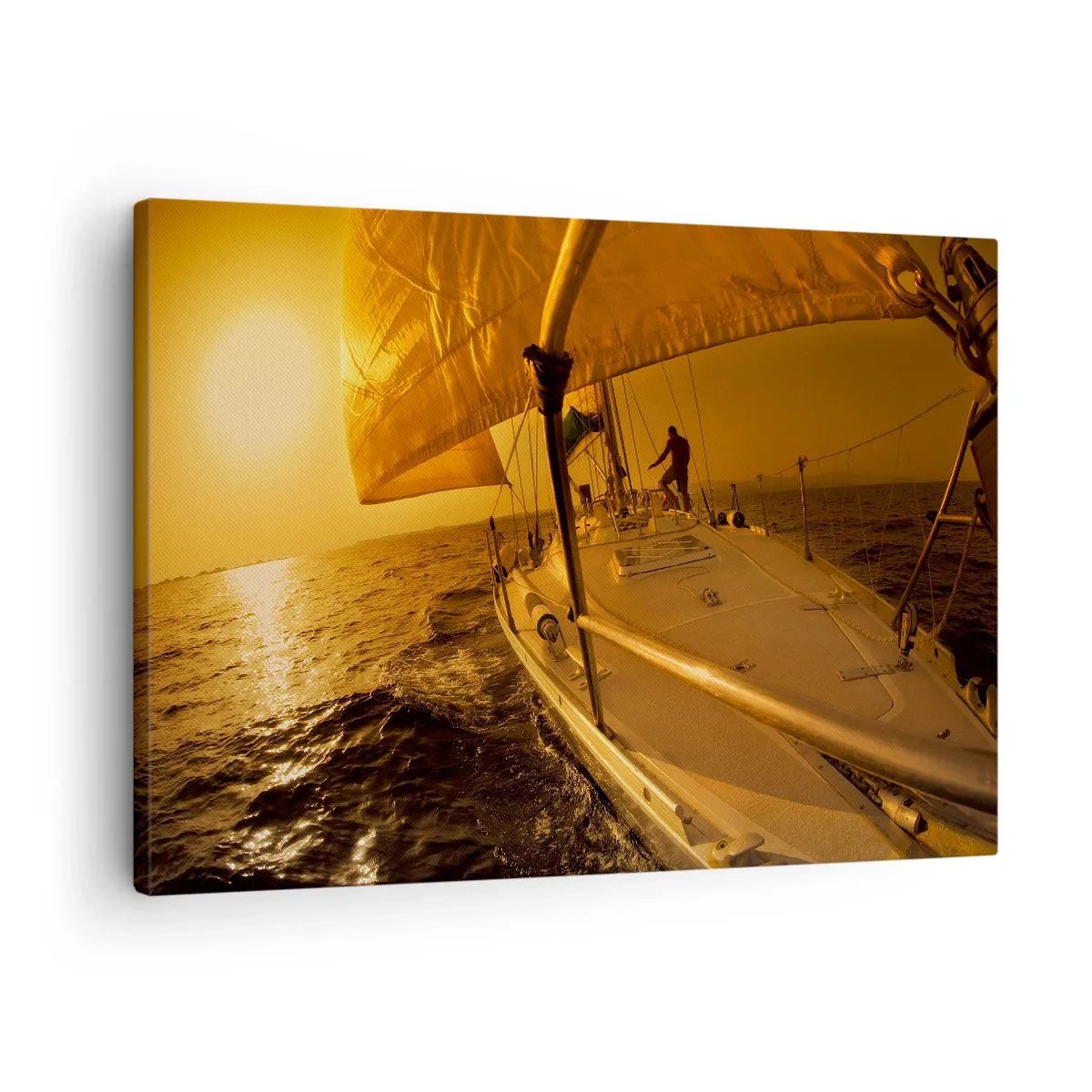 Lærredstryk - Billede på lærred - Sejlbåd på havet under solnedgang, gylden glød. - 70x50cm - En gylden aften efter en broget dag - Moderne vægdekoration til stue og soveværelse ARTTOR