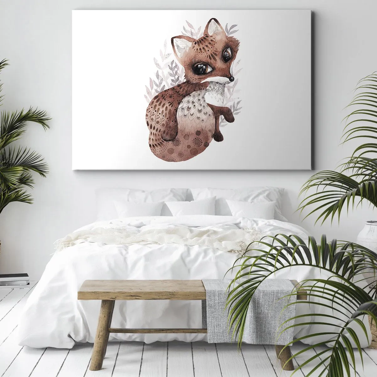Lærredstryk - Billede på lærred - En sød akvarel ræv på en lys baggrund - 70x50cm - Kun kærlighed - Moderne vægdekoration til stue og soveværelse ARTTOR