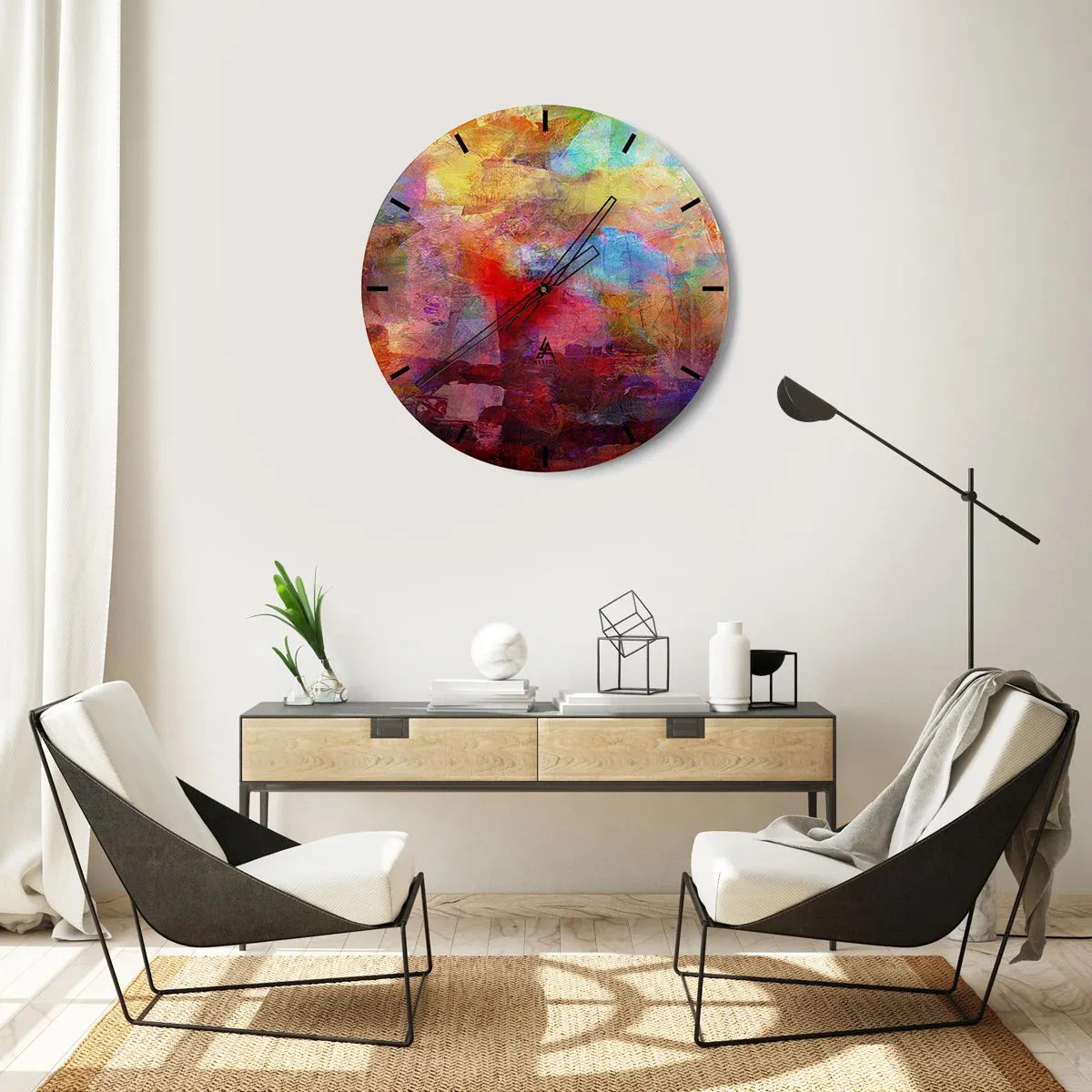 Vægur, Uret - En abstrakt komposition i intense farver med en dominerende rød - 30x30cm - Et kig ind i regnbuen - Moderne vægdekoration til stue, køkken og soveværelse ARTTOR