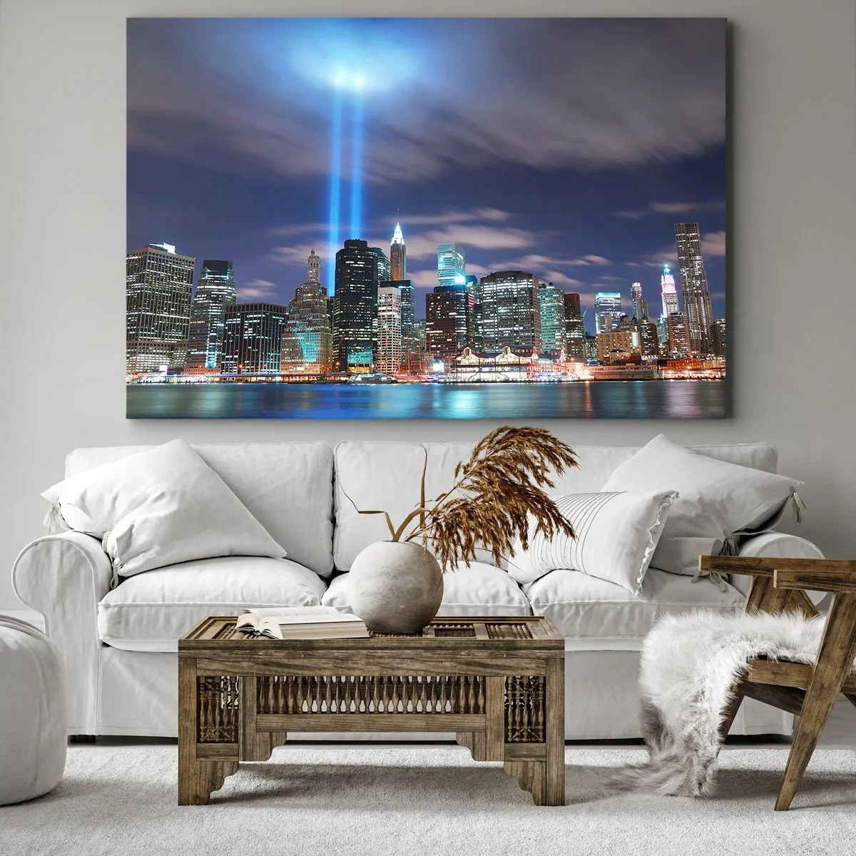 Lærredstryk - Billede på lærred - Natbypanorama med to klare lysstråler på himlen - 70x50cm - Ræk mod himlen med lys - Moderne vægdekoration til stue og soveværelse ARTTOR