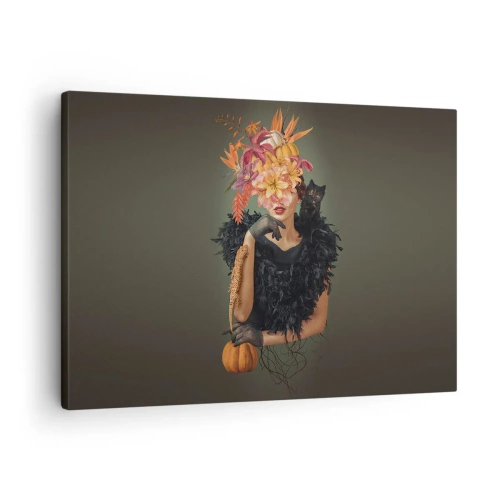 Lærredstryk - Billede på lærred - Portræt af en kvinde med efterårsmotiver og en kat - 70x50cm - Heksens fortryllelse - Moderne vægdekoration til stue og soveværelse ARTTOR