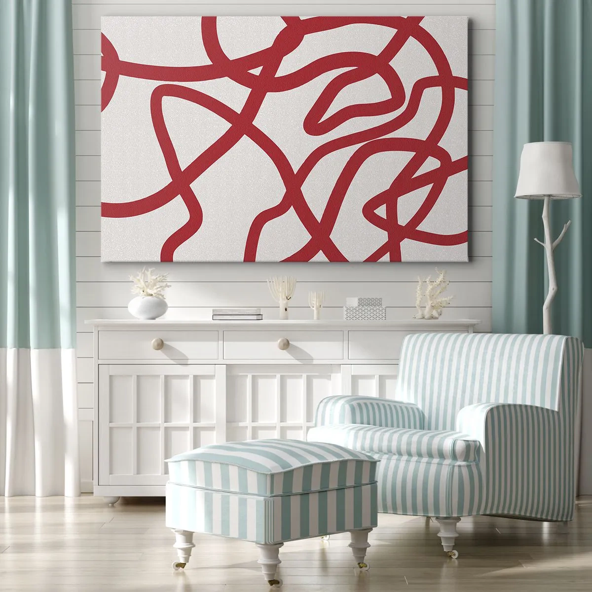Lærredstryk - Billede på lærred - Røde abstrakte linjer på en hvid baggrund - 70x50cm - Rød på hvid - Moderne vægdekoration til stue og soveværelse ARTTOR