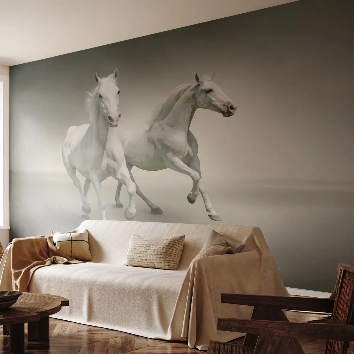 Fototapet Standard Eco - White power! - Dyr, Heste, Natur - 500x350 cm