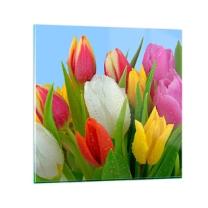 Billede på glas - En blomstret regnbue i dugdråber - 30x30 cm
