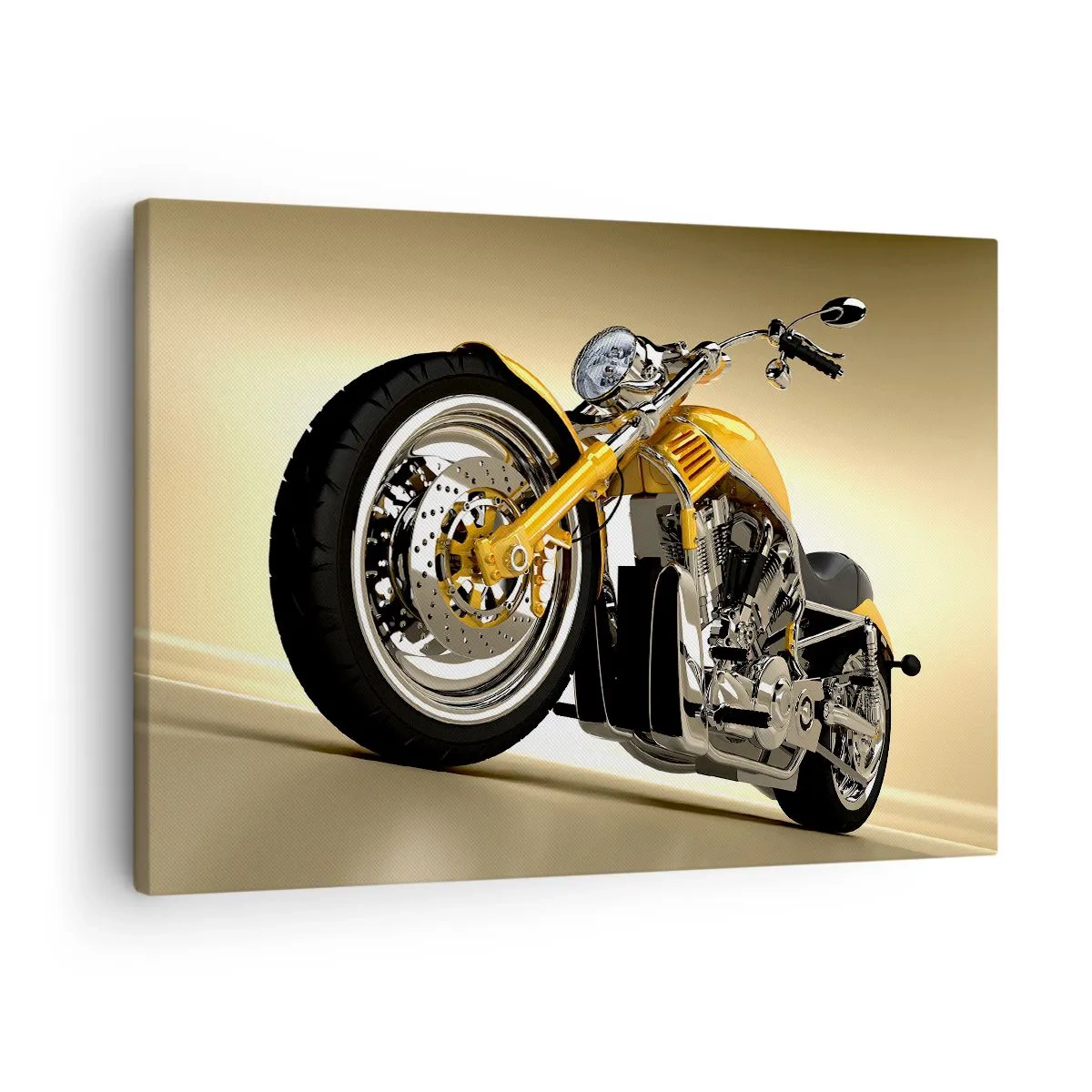Lærredstryk - Billede på lærred - En gul chopper-stil motorcykel mod en beige væg - 70x50cm - En drøm om styrke og hurtighed - Moderne vægdekoration til stue og soveværelse ARTTOR
