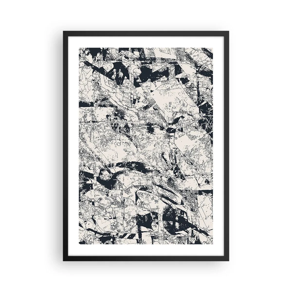 Plakat i sort ramme - Abstrakt sort-hvid tekstureret komposition - 50x70cm - Modsætningernes gennemtrængning - Moderne vægdekoration til stue og soveværelse ARTTOR