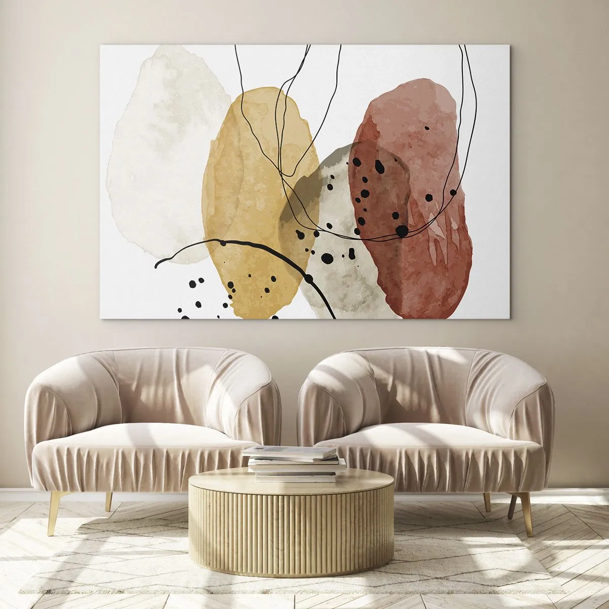 Billede på glas - Abstrakte jordfarvede pletter med tynde linjer - 70x50cm - Som lys, klar luft - Moderne vægdekoration til stue og soveværelse ARTTOR