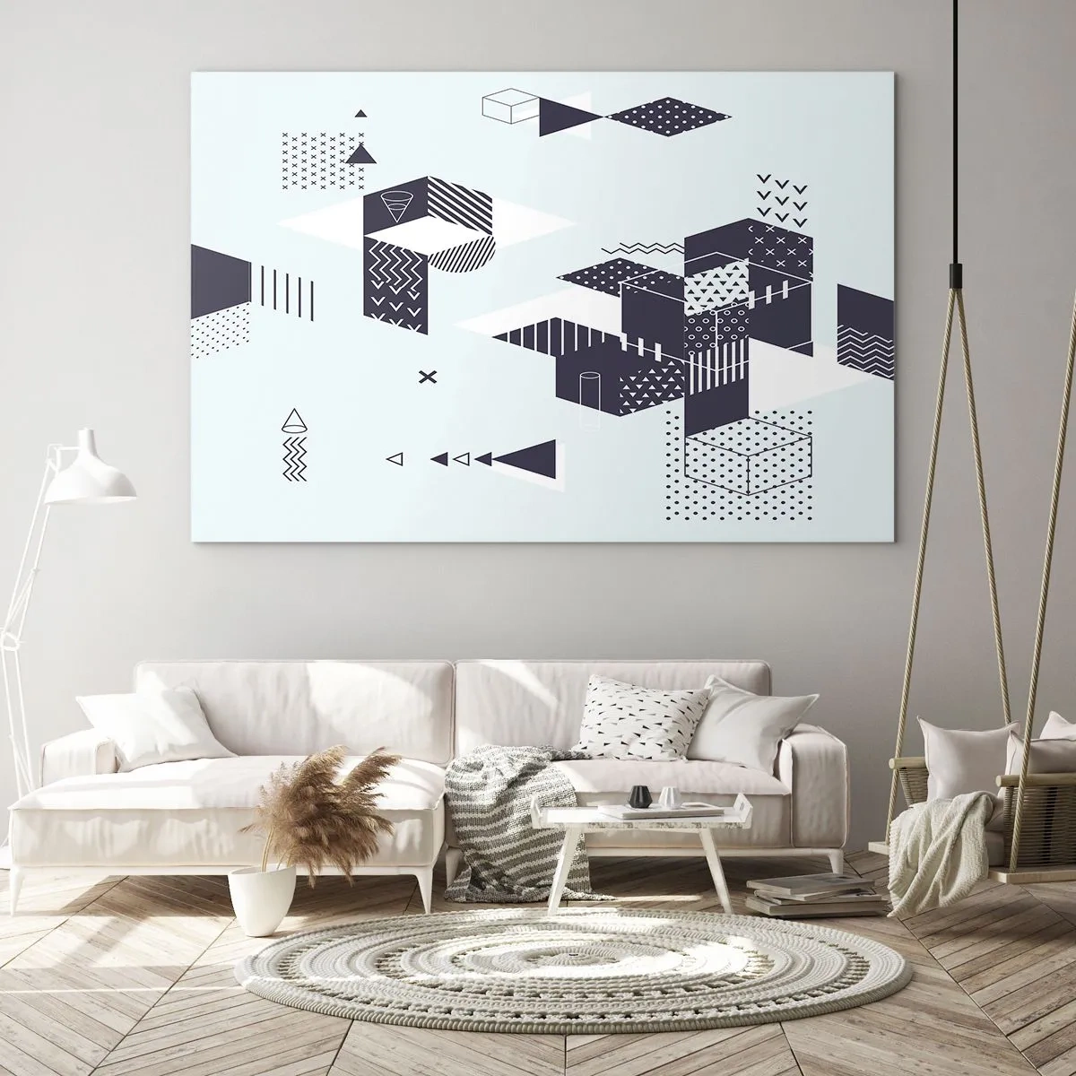 Billede på glas - Abstrakt geometrisk komposition i sort-hvid på en lys baggrund - 70x50cm - I matematikkens sjæl - Moderne vægdekoration til stue og soveværelse ARTTOR