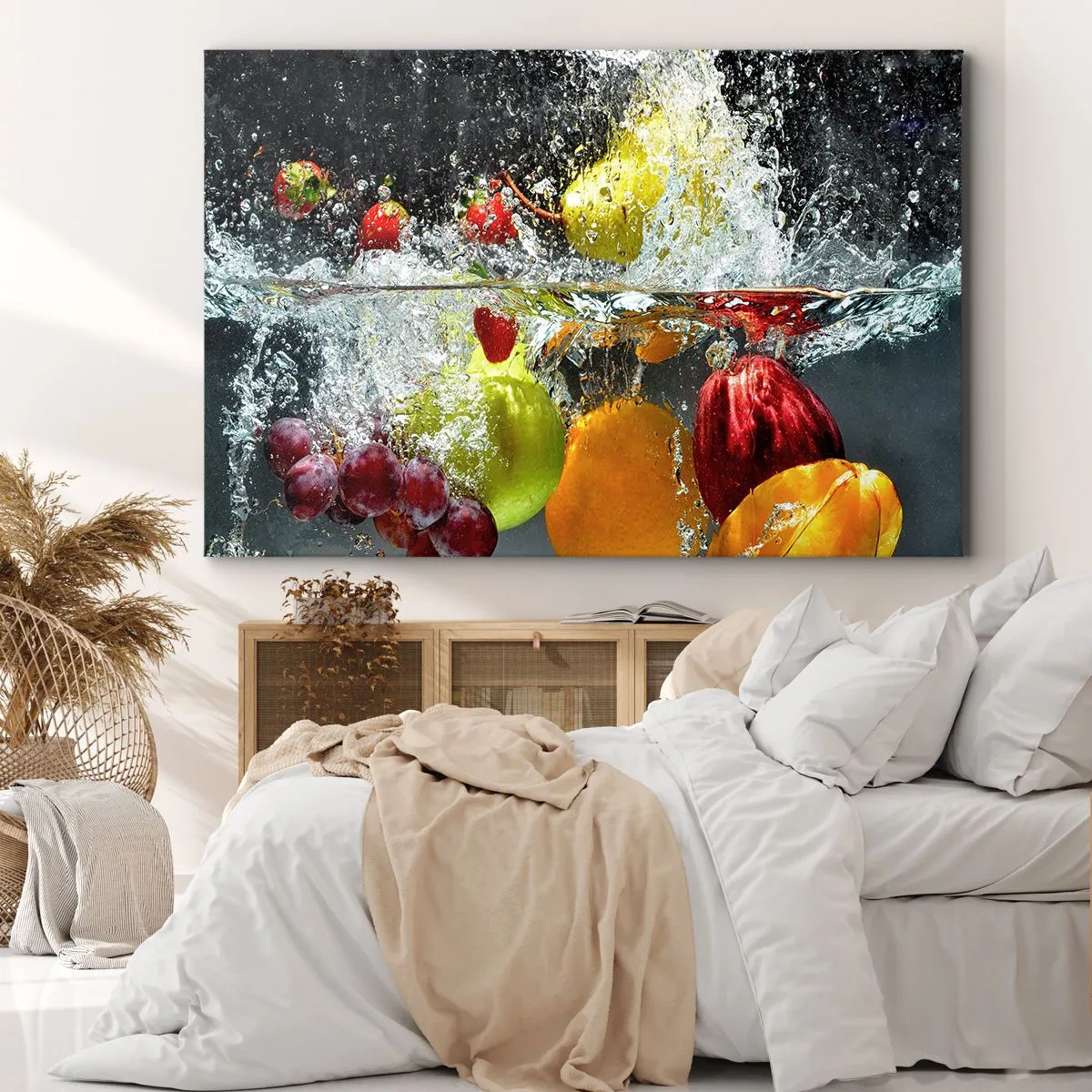 Lærredstryk - Billede på lærred - Farverige frugter i vand under dynamisk nedsænkning - 70x50cm - Frugtagtig forfriskning - Moderne vægdekoration til stue og soveværelse ARTTOR
