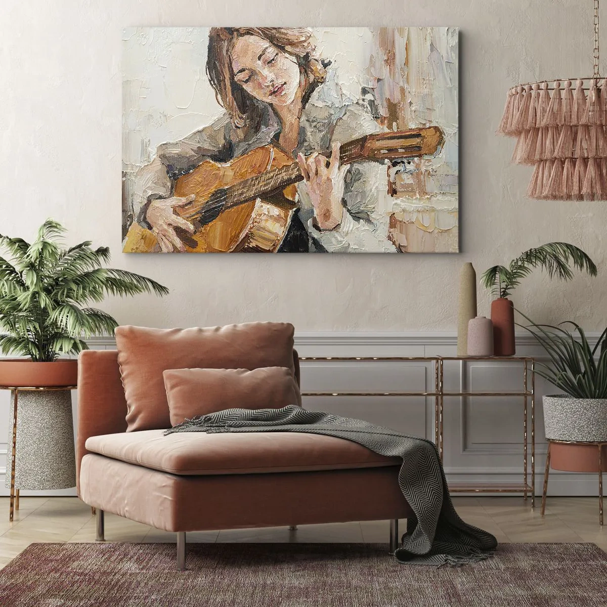 Lærredstryk - Billede på lærred - Portræt af en pige, der spiller guitar, i malerisk stil med varme farver. - 70x50cm - Koncert for guitar og et pigehjerte - Moderne vægdekoration til stue og soveværelse ARTTOR