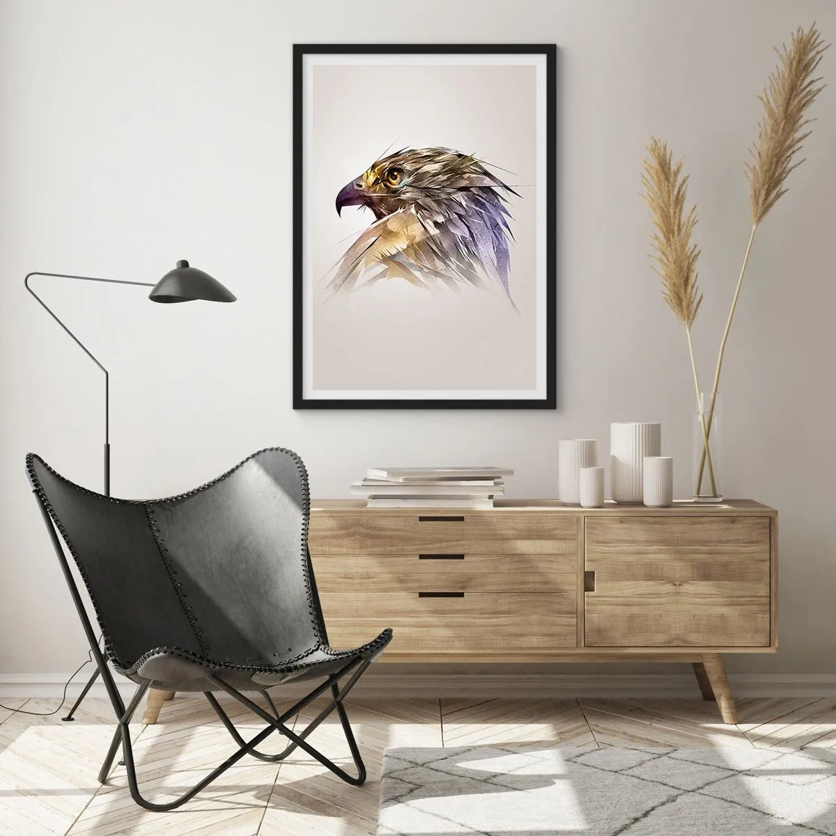 Plakat i sort ramme - Et kunstnerisk portræt af en ørn i nuancer af beige og lilla. - 50x70cm - Portræt af en kriger - Moderne vægdekoration til stue og soveværelse ARTTOR