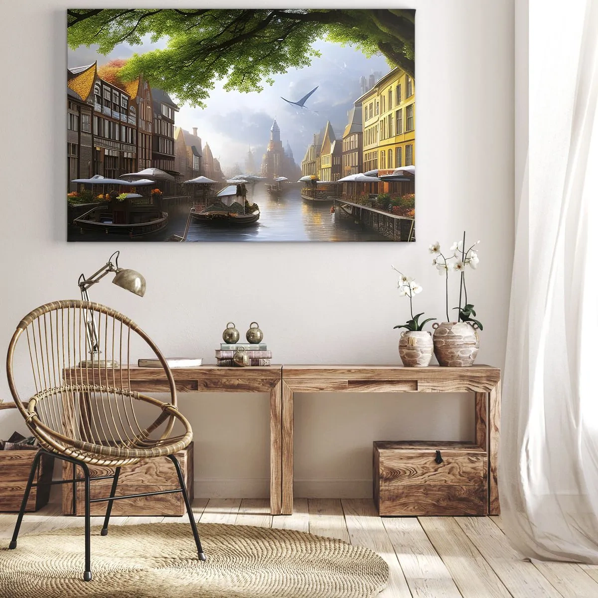 Lærredstryk - Billede på lærred - Et malerisk hollandsk landskab med en kanal og lejlighedshuse - 70x50cm - Hollandsk bybillede - Moderne vægdekoration til stue og soveværelse ARTTOR