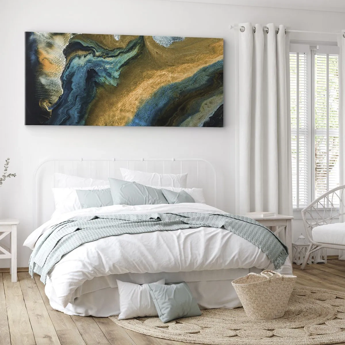 Lærredstryk - Billede på lærred - Blå - gul - gensidig indflydelse - 100x40 cm