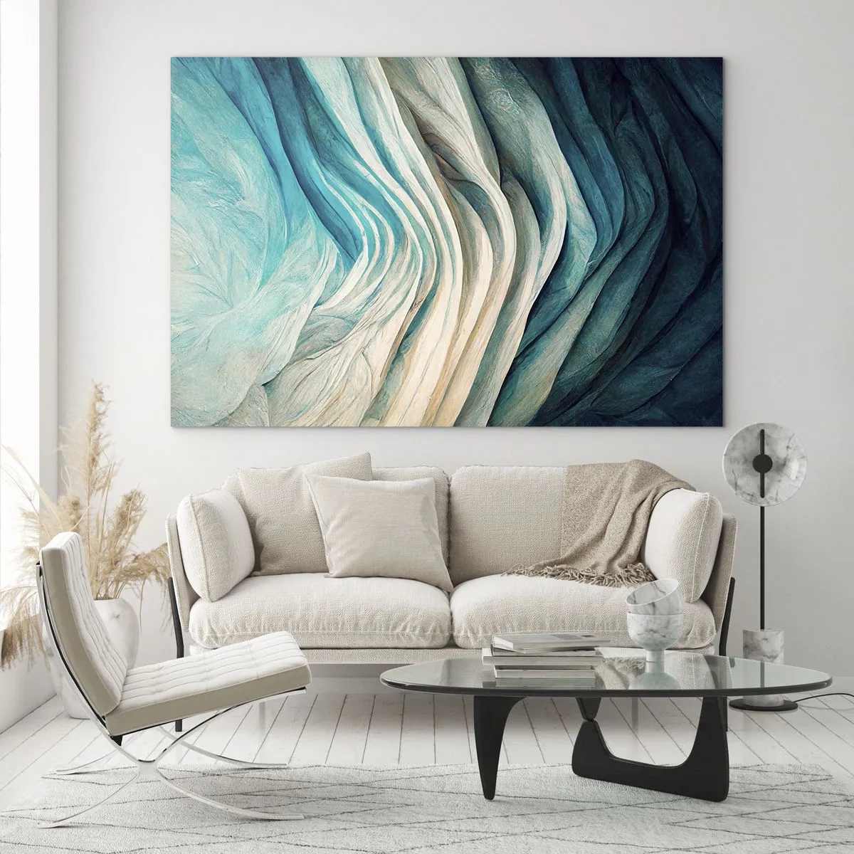 Billede på glas - Abstrakte bølger i nuancer af blå og beige - 70x50cm - Blå umættelighed - Moderne vægdekoration til stue og soveværelse ARTTOR