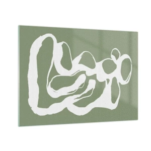 Billede på glas - Abstrakt hvid organisk form på en oliven baggrund - 70x50cm - Rummets kald - Moderne vægdekoration til stue og soveværelse ARTTOR