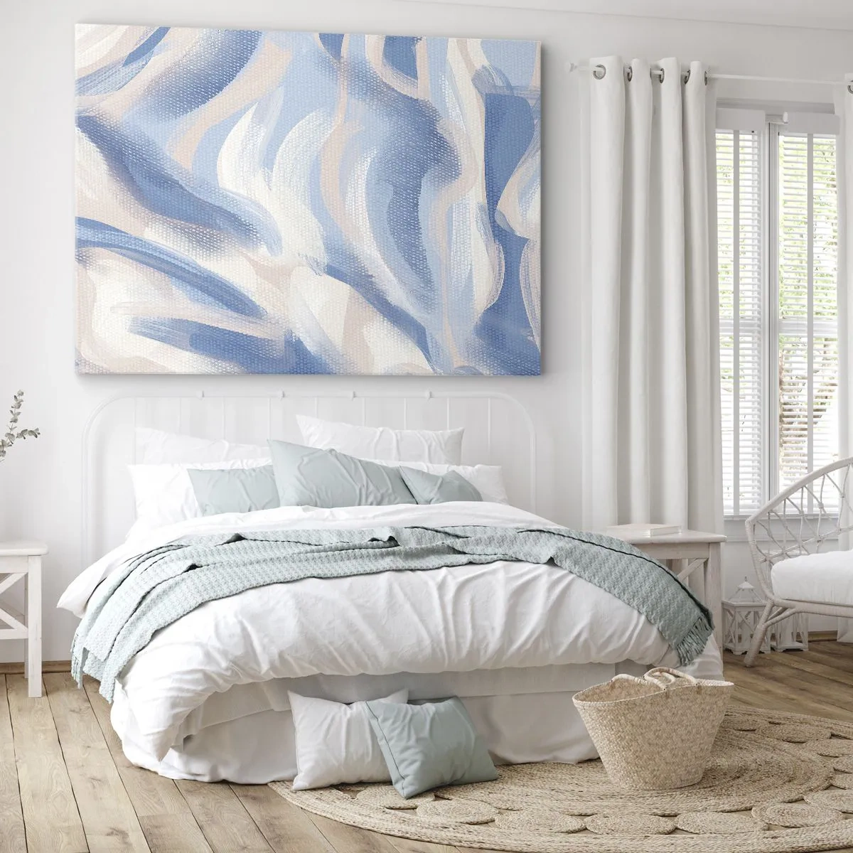Lærredstryk - Billede på lærred - Abstrakte penselstrøg i blå og beige nuancer - 70x50cm - Blå krusninger - Moderne vægdekoration til stue og soveværelse ARTTOR
