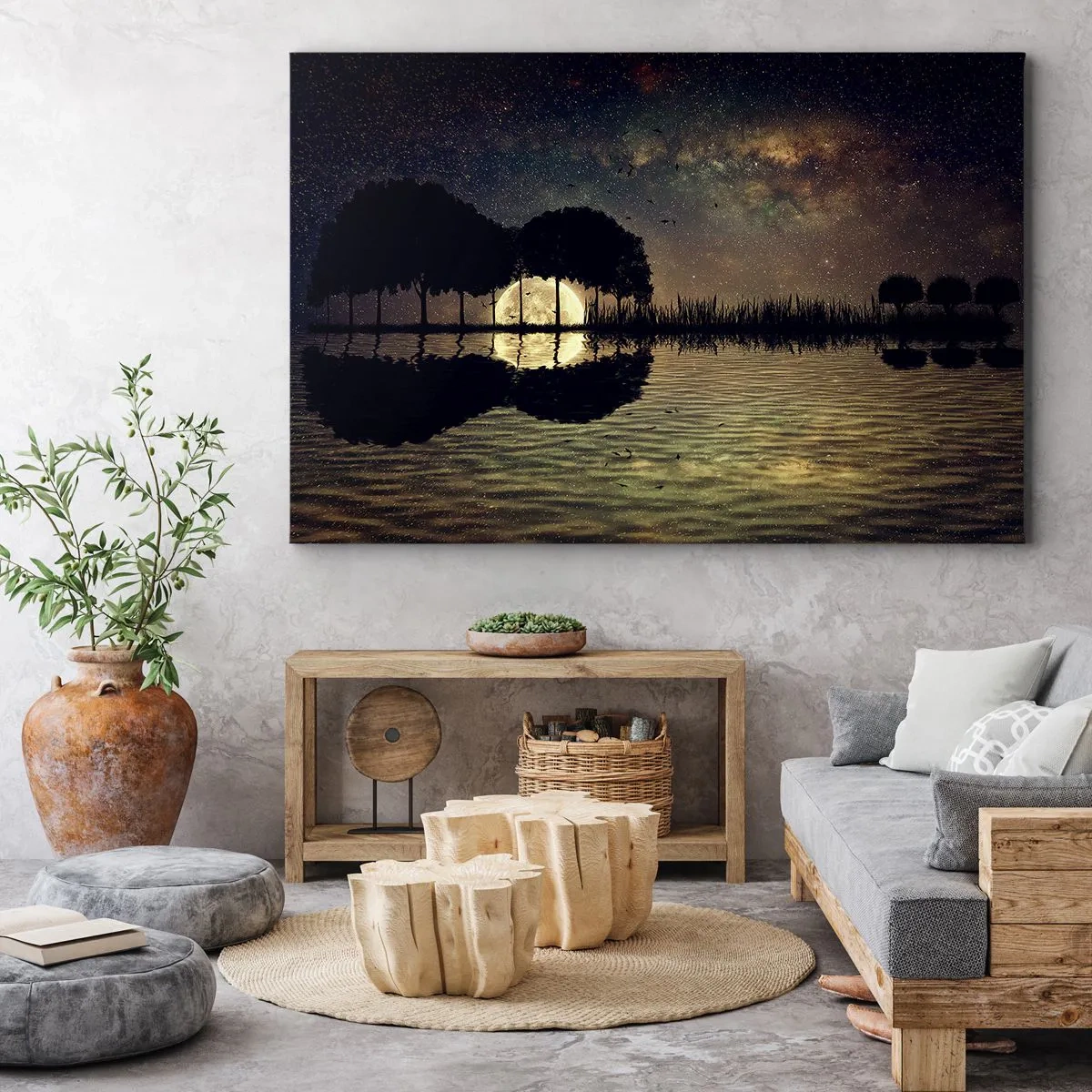 Lærredstryk - Billede på lærred - En magisk nat med træer og månen spejlet i vandet - 70x50cm - En nat på kanten af verden - Moderne vægdekoration til stue og soveværelse ARTTOR