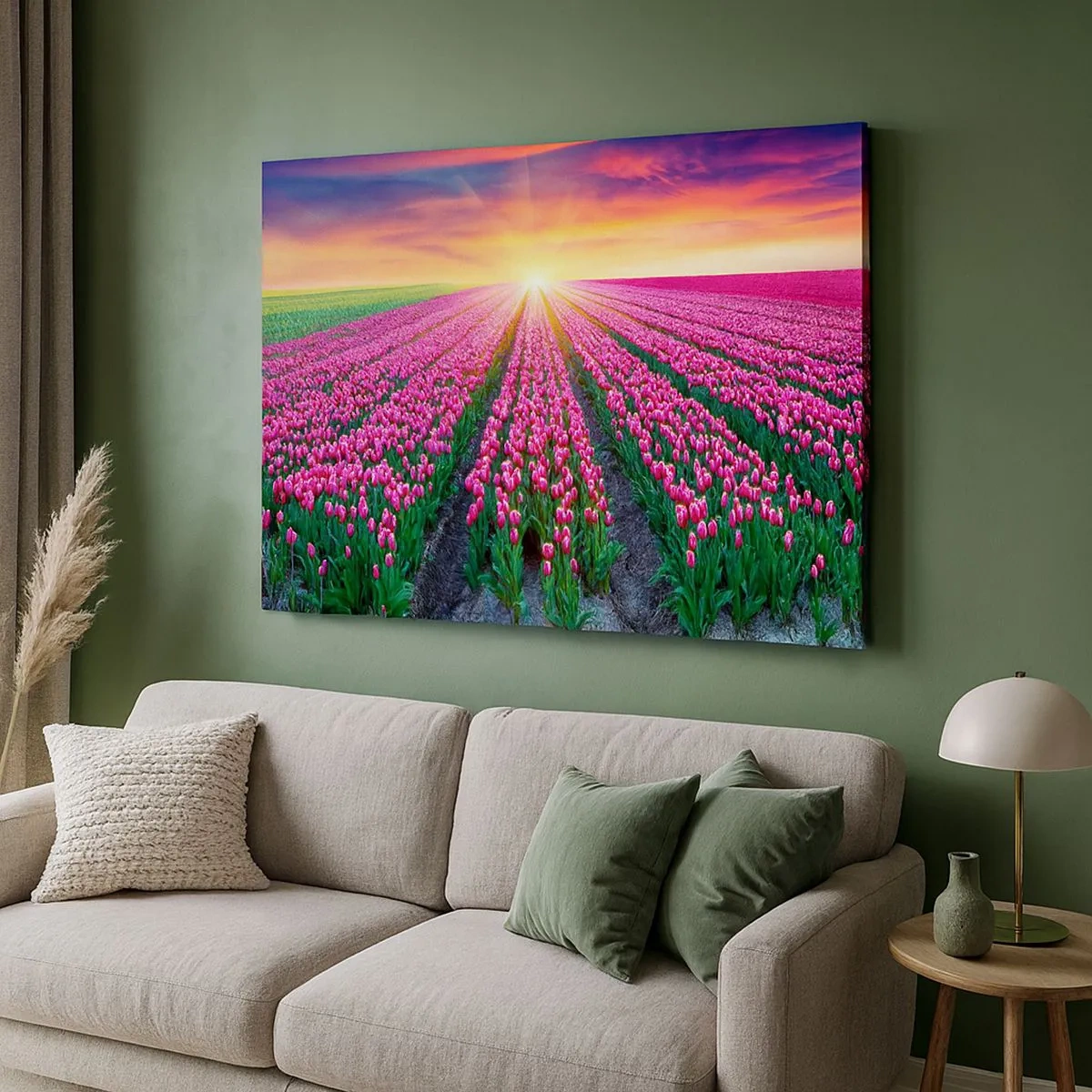 Lærredstryk - Billede på lærred - Et felt af tulipaner ved solnedgang - 70x50cm - Skønhedsfarm - Moderne vægdekoration til stue og soveværelse ARTTOR