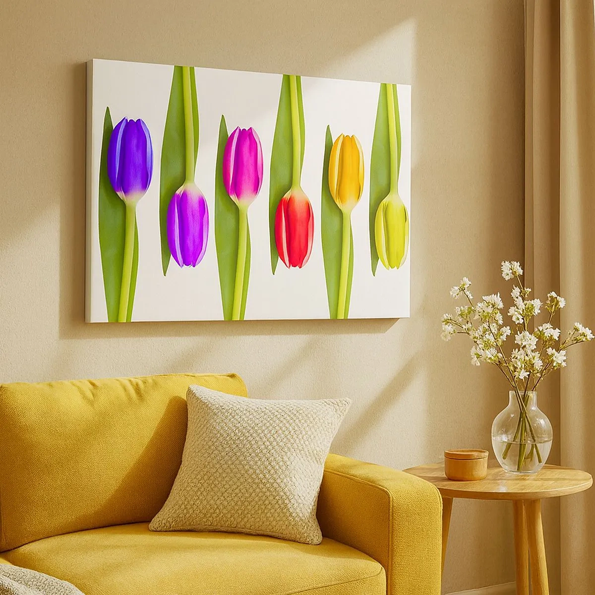 Lærredstryk - Billede på lærred - Flerfarvede tulipaner arrangeret i en række på en hvid baggrund - 70x50cm - Regnbuesammensætning - Moderne vægdekoration til stue og soveværelse ARTTOR