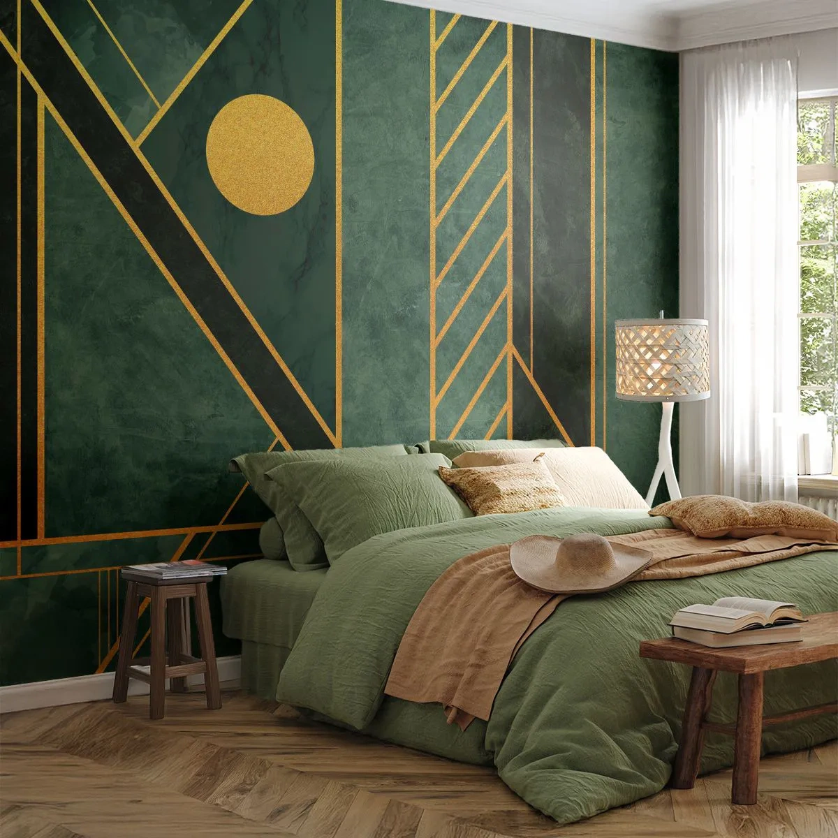 Fototapet Premium Canvas - Dynamikken i guld og azurblå - Abstraktion, Stykke, Geometrisk mønster - 250x175 cm