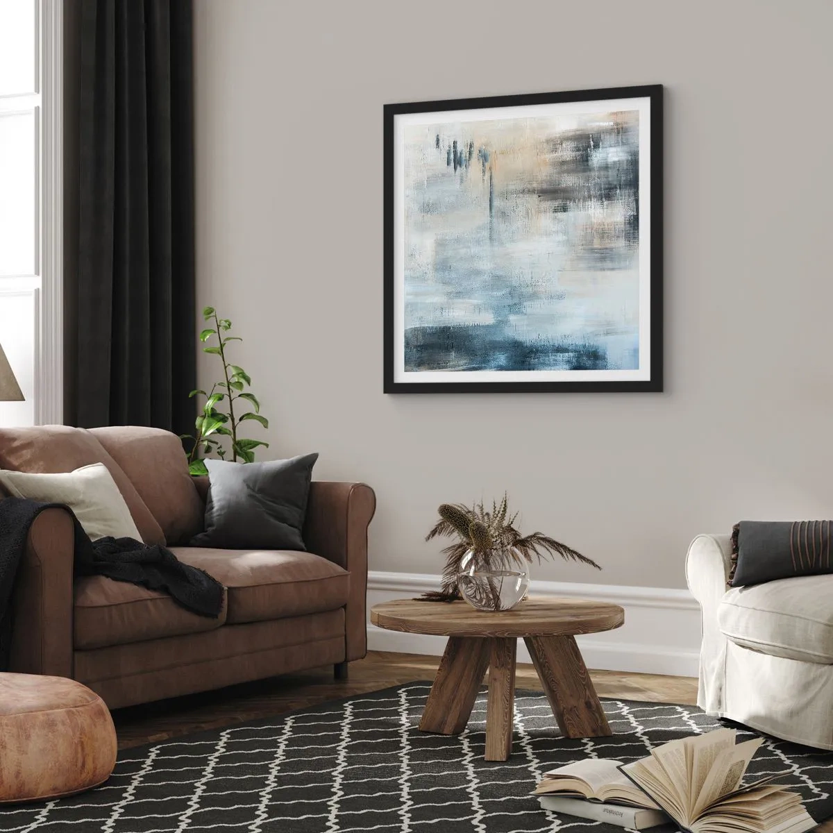 Plakat i sort ramme - Bag et slør af blåt - 30x30 cm