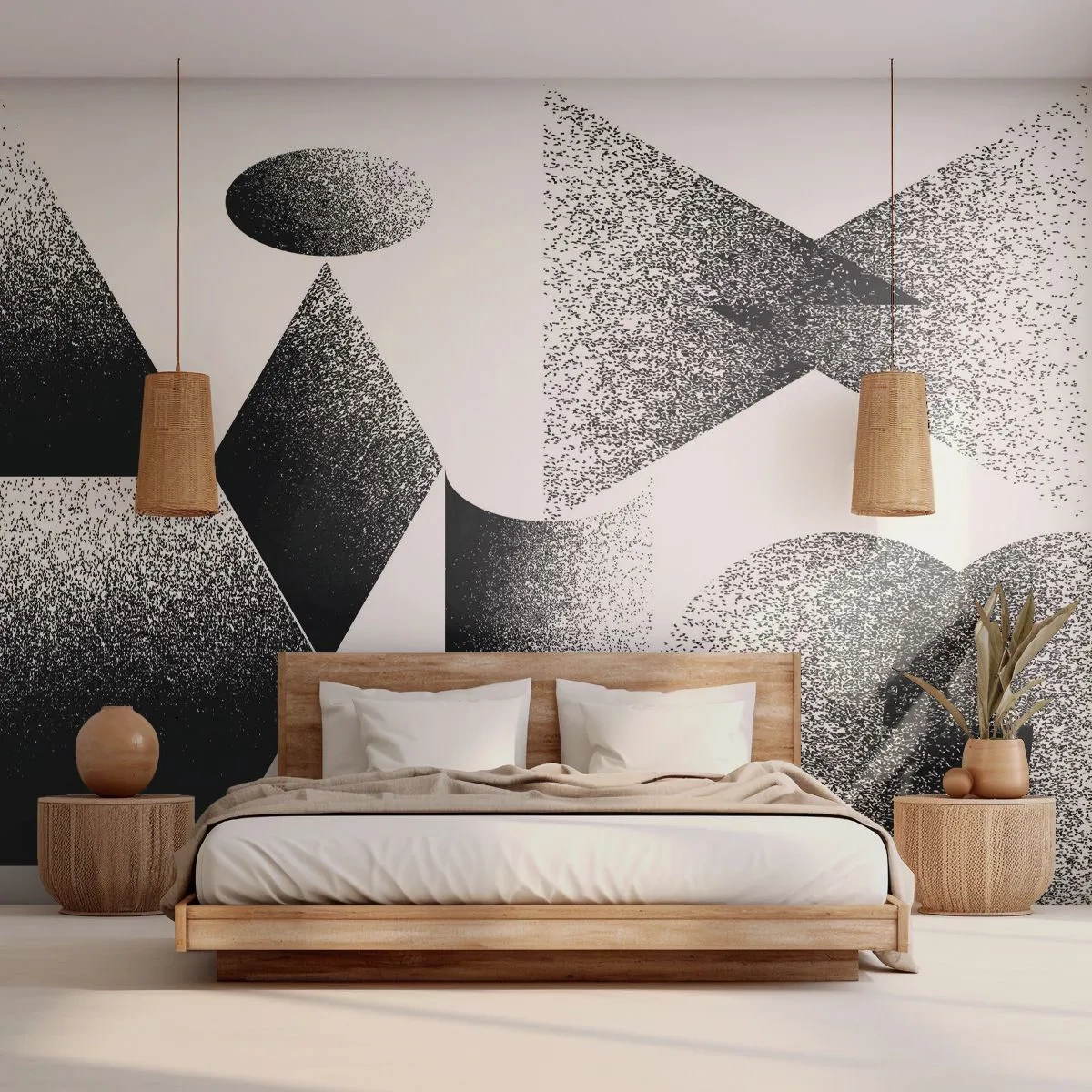 Fototapet Premium Sand - Vinkler og ovaler - Geometrisk, Former, Sort og hvid - 100x70 cm
