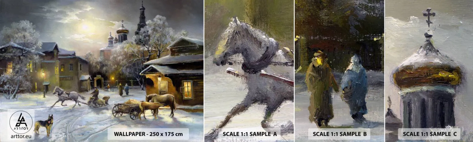 Prøve Fototapet Selvklæbende Deluxe Sticker - Den russiske vinters magi - Landskab, Landsby, Vinter på landet - 100x30 cm