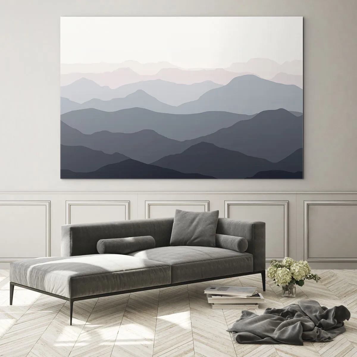Billede på glas - Diskrete lag af bjerge i pastelfarver - 70x50cm - Bølger af bjerge - Moderne vægdekoration til stue og soveværelse ARTTOR