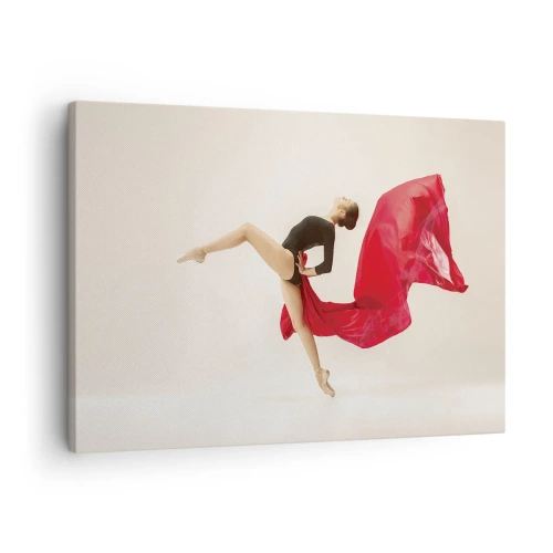 Lærredstryk - Billede på lærred - En dynamisk danser i et sort outfit og rødt stof i bevægelse. - 70x50cm - Rød og sort - Moderne vægdekoration til stue og soveværelse ARTTOR
