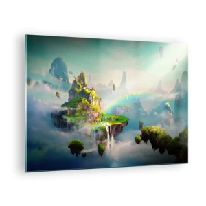 Billede på glas - Flyvende øer i skyerne med regnbuer og vandfald - 70x50cm - Midden - lykkelige øer - Moderne vægdekoration til stue og soveværelse ARTTOR