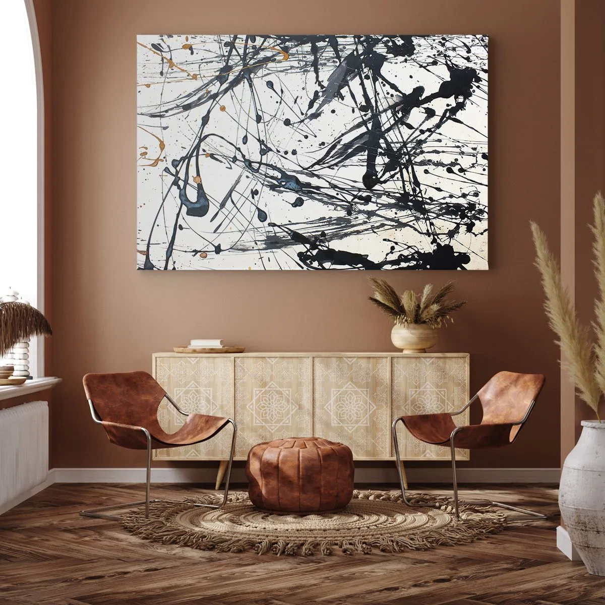 Lærredstryk - Billede på lærred - Abstrakt malerimønster med dynamiske linjer og pletter - 70x50cm - Med eller uden fornuft? - Moderne vægdekoration til stue og soveværelse ARTTOR
