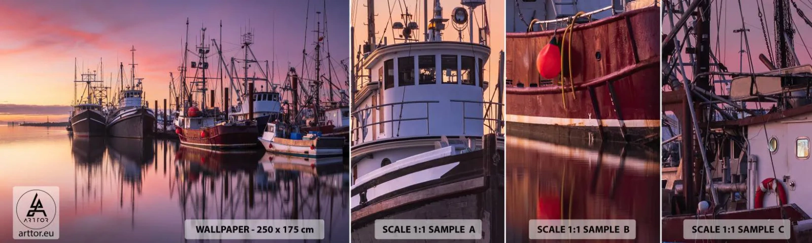 Prøve Fototapet Selvklæbende Deluxe Sticker - Før den næste dag - Fiskerhavn, Både, Fiskeri - 100x30 cm