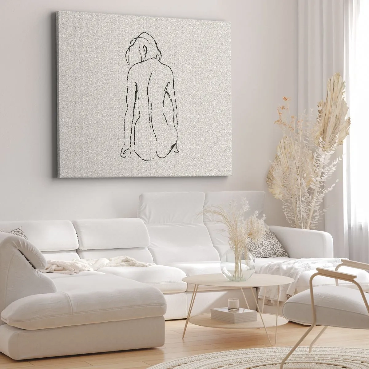 Lærredstryk - Billede på lærred - En diskret skitse af en piges silhuet set bagfra - 70x50cm - Nøgen pige - Moderne vægdekoration til stue og soveværelse ARTTOR