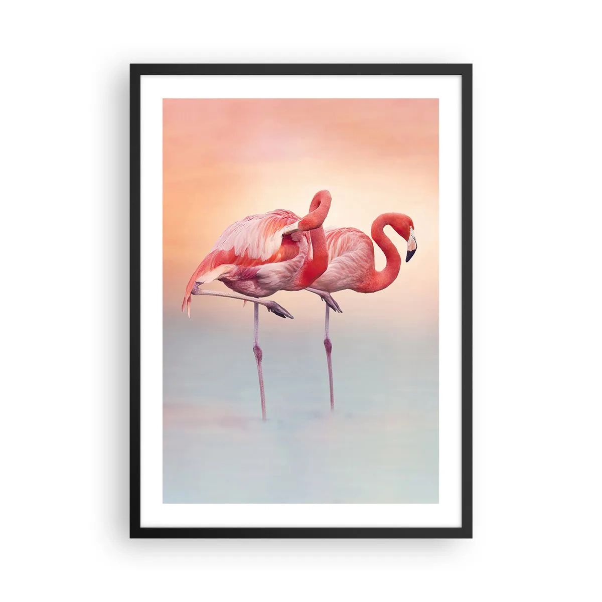 Plakat i sort ramme - Flamingoer mod en pastelfarvet solnedgangsbaggrund - 50x70cm - I farven af den nedgående sol - Moderne vægdekoration til stue og soveværelse ARTTOR
