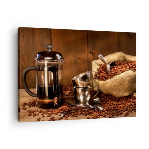 Lærredstryk - Billede på lærred - Fransk presse, kopper og en pose kaffe på en træbaggrund - 70x50cm - Kaffens magi - aroma og smag - Moderne vægdekoration til stue og soveværelse ARTTOR