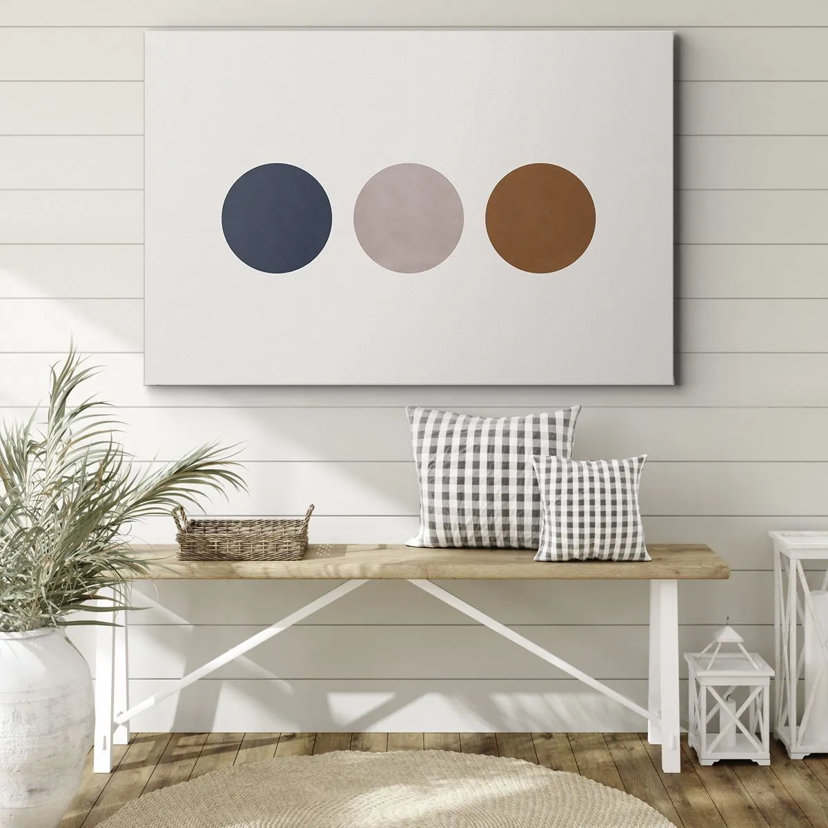 Lærredstryk - Billede på lærred - En minimalistisk komposition med tre farvede cirkler - 70x50cm - Et symbol på perfektion - Moderne vægdekoration til stue og soveværelse ARTTOR