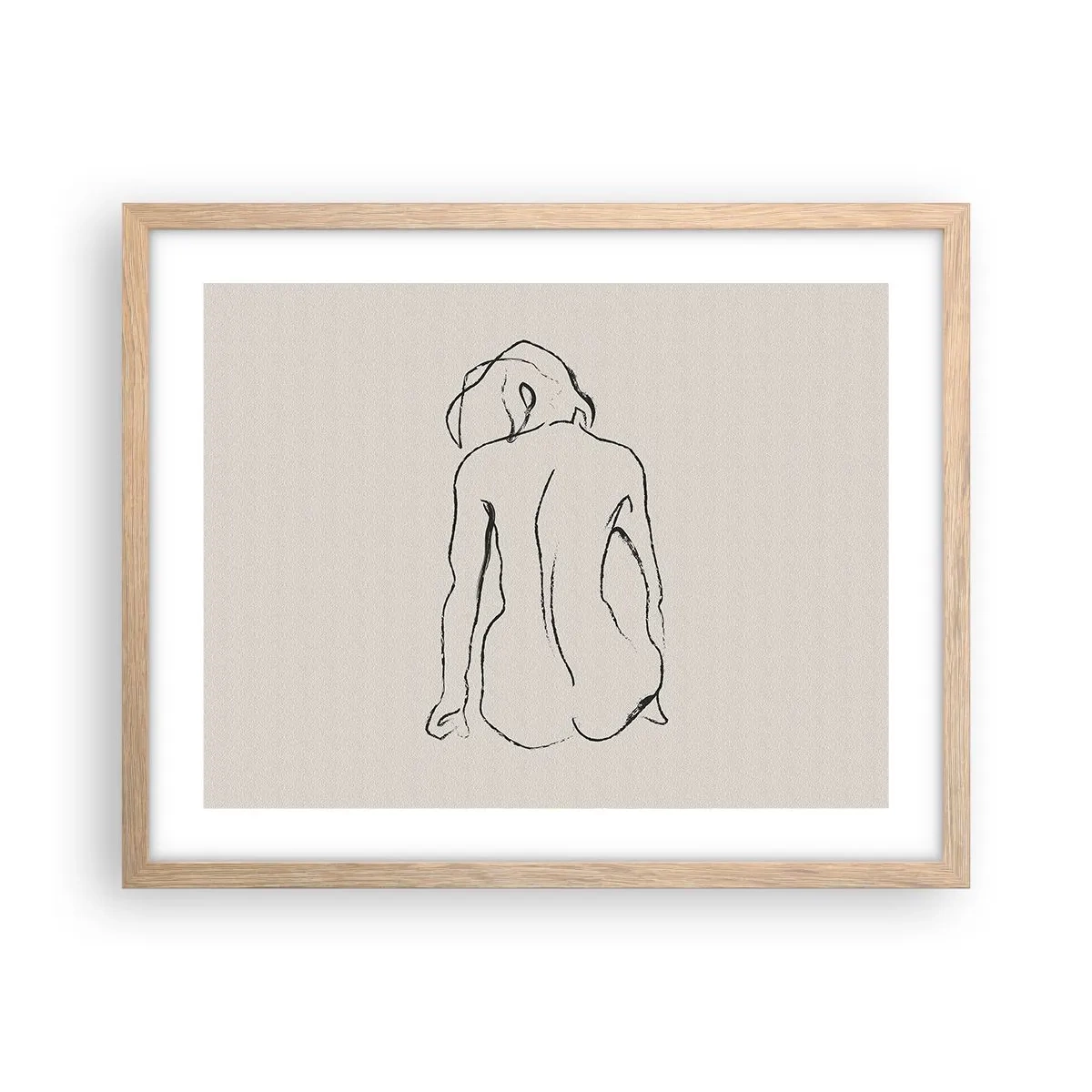 Plakat i ramme af lyst egetræ - Nøgen pige - 50x40 cm