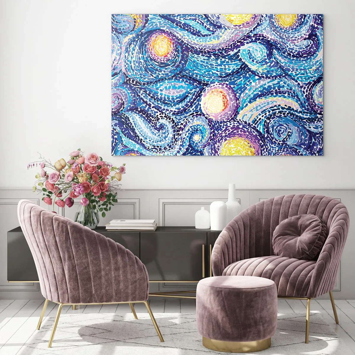 Billede på glas - En abstrakt fortolkning af Stjernenat i intense farver - 70x50cm - Fra et maleri af van Gogh - Moderne vægdekoration til stue og soveværelse ARTTOR