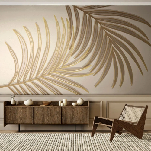 Fototapet Premium Sand - Gylden palme! - Abstraktion, Palmeblad, Grafik - 200x140 cm