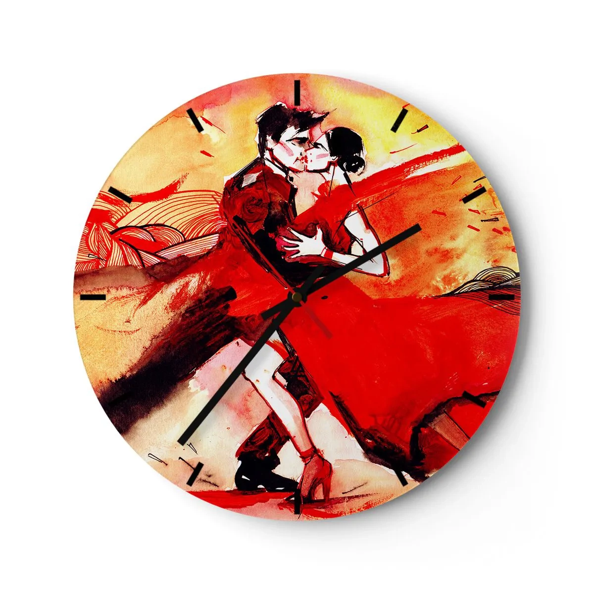 Vægur, Uret - Et par danser tango i nuancer af rødt og guld - 30x30cm - Lilla rytme af lidenskab - Moderne vægdekoration til stue, køkken og soveværelse ARTTOR