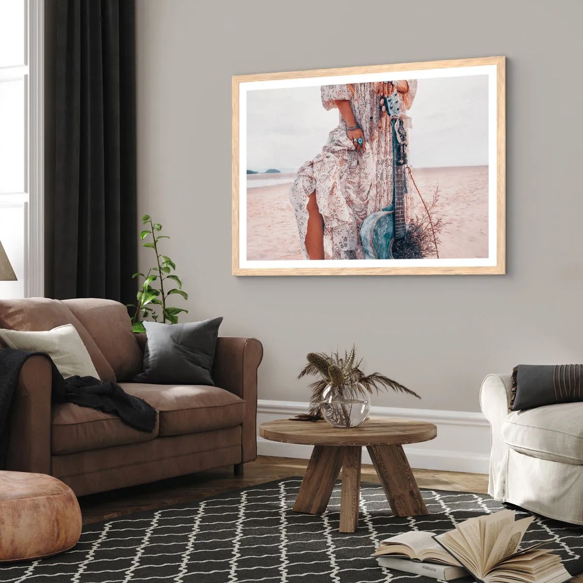 Plakat i ramme af lyst egetræ - Børn blomster på vej - 100x70 cm