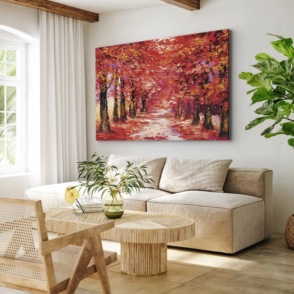 Lærredstryk - Billede på lærred - En malerisk gyde i efterårsfarver i impressionistisk stil - 70x50cm - Efterårets indtryk - Moderne vægdekoration til stue og soveværelse ARTTOR