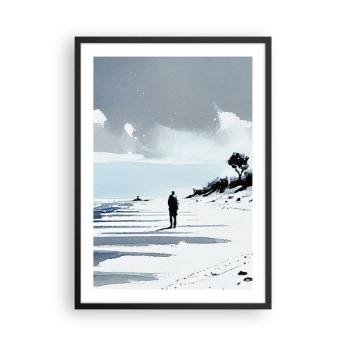 Plakat i sort ramme - En ensom figur på stranden i akvarelfarver - 50x70cm - Alene - Moderne vægdekoration til stue og soveværelse ARTTOR