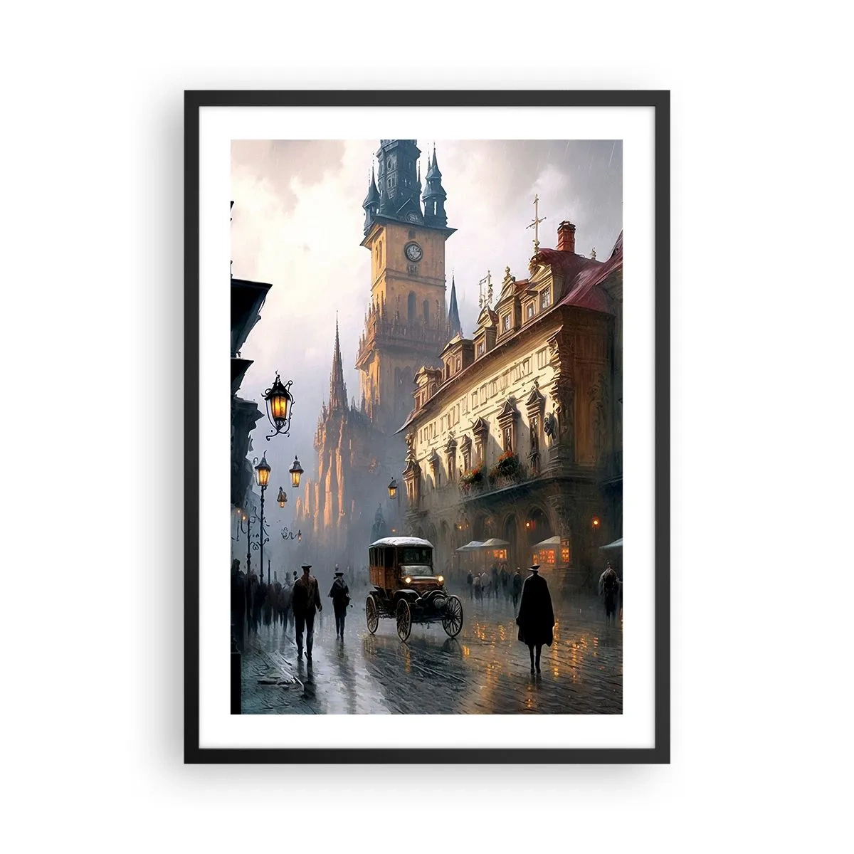 Plakat i sort ramme - Historisk by i skumringen med et historisk køretøj - 50x70cm - Magien i en aften i Prag - Moderne vægdekoration til stue og soveværelse ARTTOR