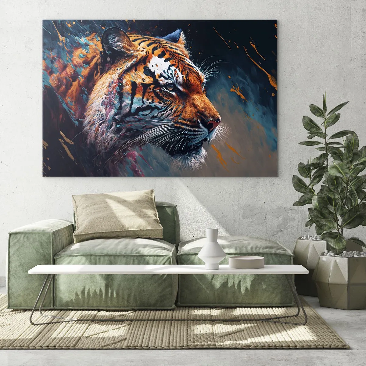 Billede på glas - Portræt af en tiger i en kunstnerisk eksplosion af farver - 70x50cm - Vild skønhed - Moderne vægdekoration til stue og soveværelse ARTTOR