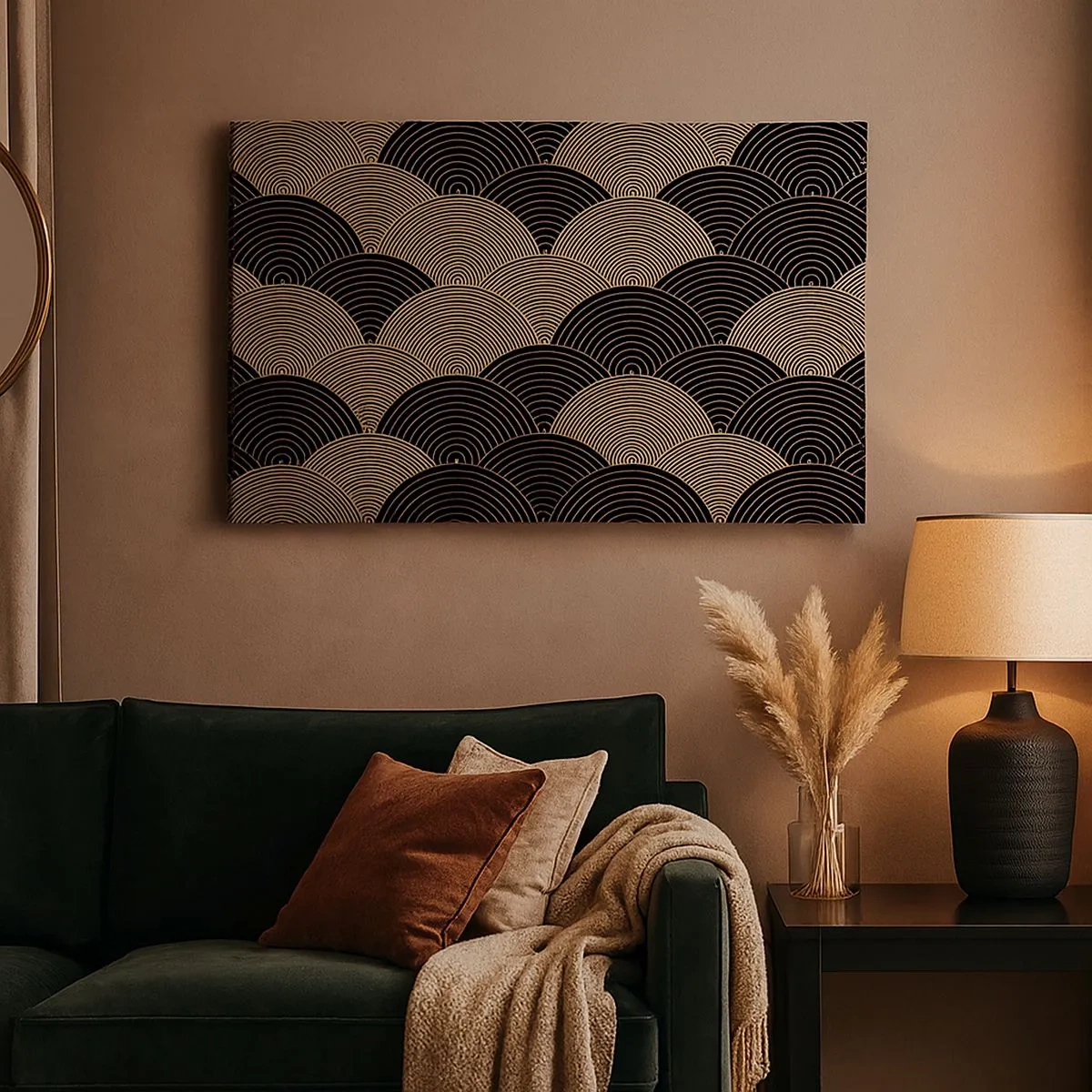 Lærredstryk - Billede på lærred - Art Deco-mønster med halvcirkler og guldlinjer - 70x50cm - Enhed i mangfoldighed - Moderne vægdekoration til stue og soveværelse ARTTOR