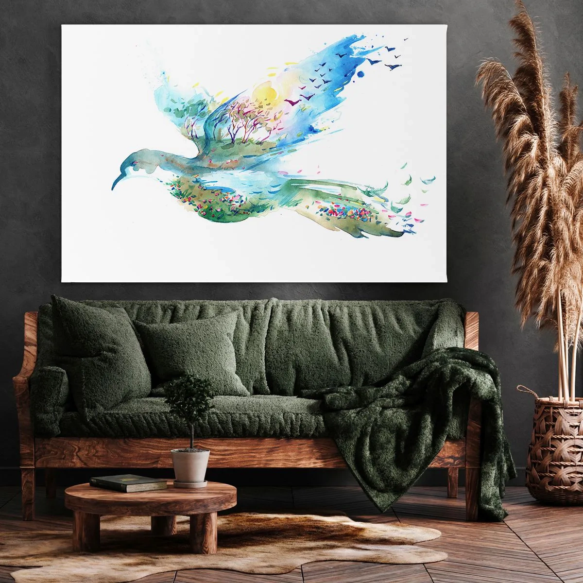 Lærredstryk - Billede på lærred - Akvarelkomposition af en fugl med elementer af naturen - 70x50cm - På naturens vinger - Moderne vægdekoration til stue og soveværelse ARTTOR