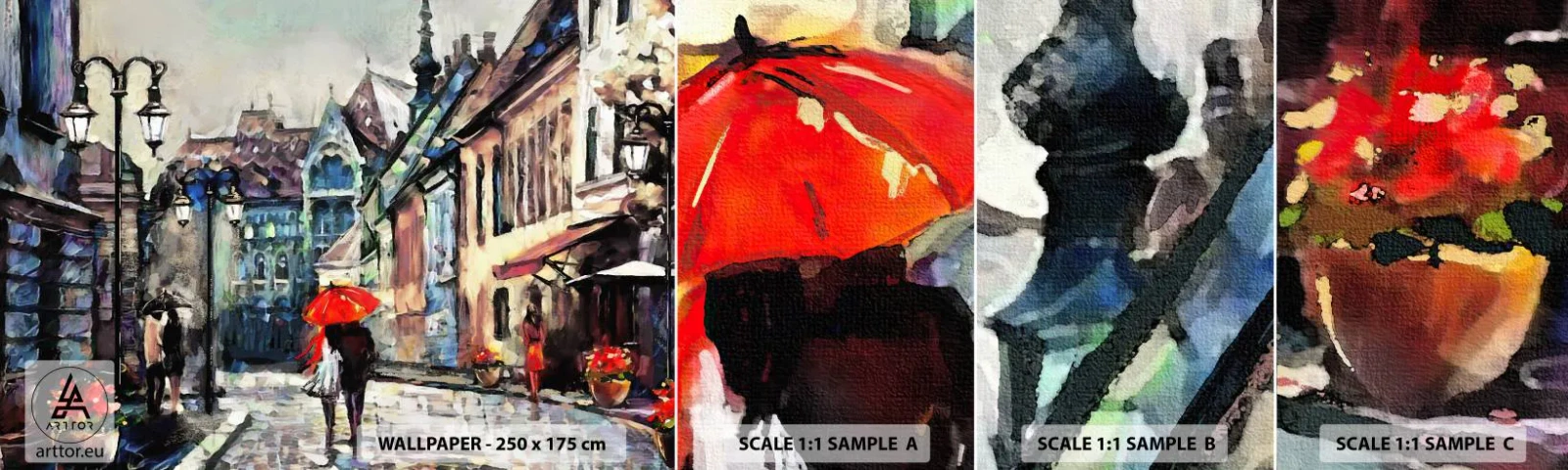 Prøve Fototapet Selvklæbende Deluxe Sticker - Regn til to - By, Arkitektur, Gammel by - 100x30 cm