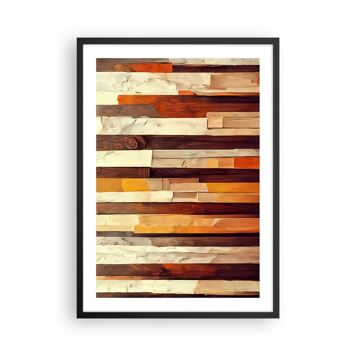 Plakat i sort ramme - En abstrakt komposition af træpaneler i varme farver. - 50x70cm - Hymne af skovens træer - Moderne vægdekoration til stue og soveværelse ARTTOR