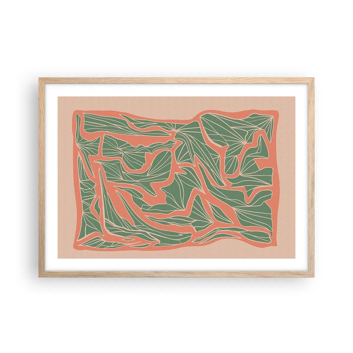 Plakat i ramme af lyst egetræ - En kamp mellem koral og grøn - 70x50 cm